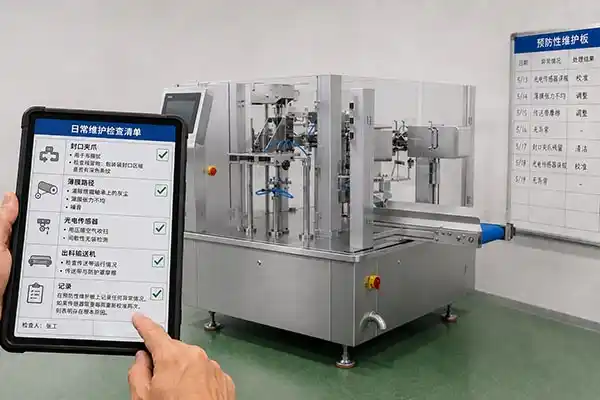 Daily maintenance checklist poster on a tablet next to a pouch packing machine