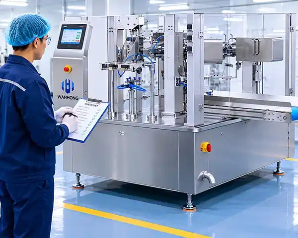 Operator holding a checklist and smiling next to a clean, running pouch packing machine