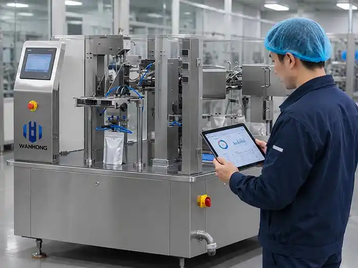 Operator checking production data on a tablet next to a pouch packing machine – industrial setting