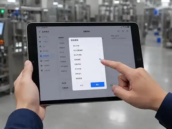 Close-up of a tablet screen showing a simple “Reject reason” pop-up on a factory floor